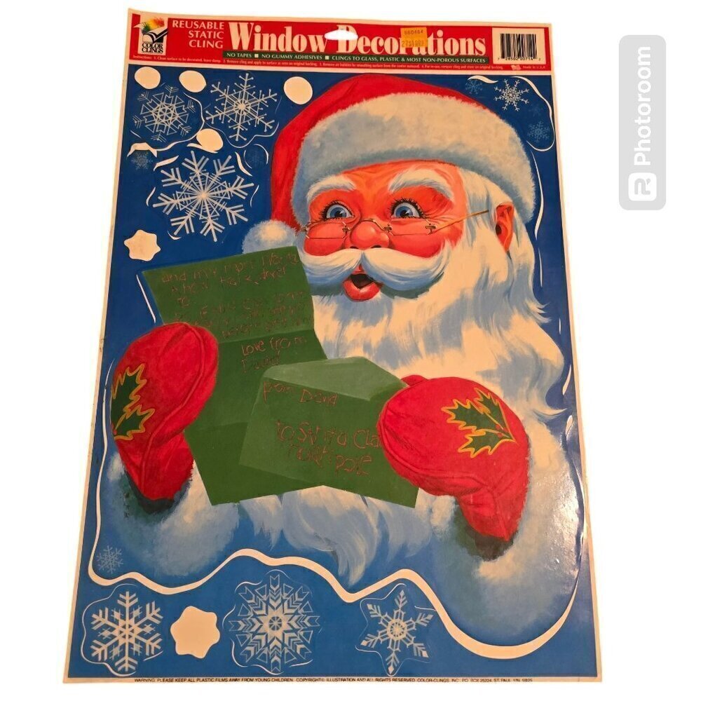 Vintage Color Clings Christmas Decor Window Cling Santa Clause Snowflakes